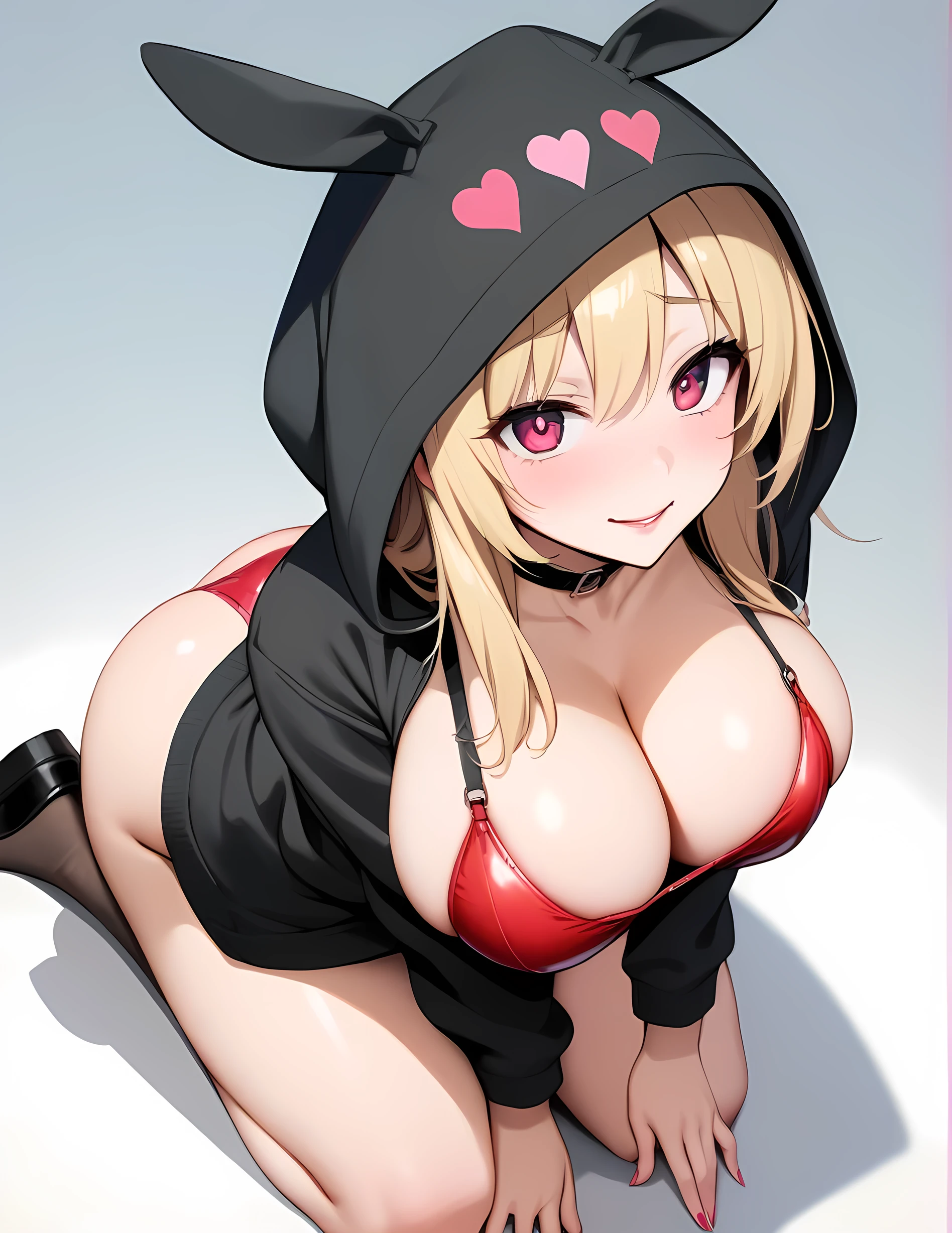 absurdres eyes,1 girl, solo ,adult ,milf,over 20 years old,with blonde hair and red eyes with pink hearts in eyes, long hair, light blue background , seductive smile, wearing a black oversized hoodie, bunny heirclip, heart in eyes, only 1 girl,yandere expression, full body, pulling her red underwear,big breast, sexy stockings.