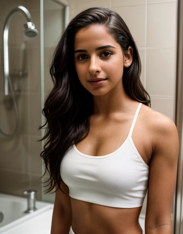 An extremely sweaty and smelly posh Indian girl, light skin, , straight hazel hair with bangs, she is pooping in the school toilet while wearing a bikini, she is smiling beautifully