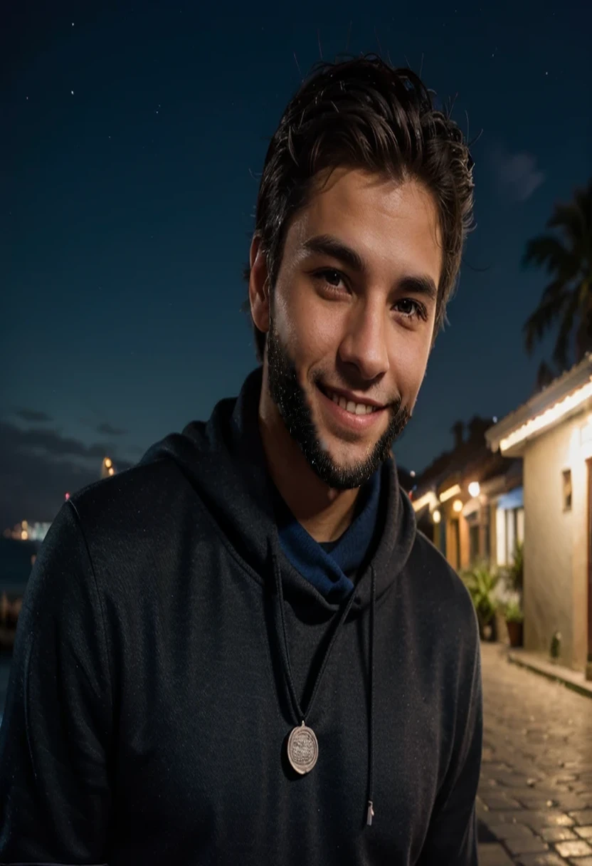 Personagem masculino na paisagem urbana noturna, fotografia de passaporte, sorridente, Perto do mar, moderno, barba