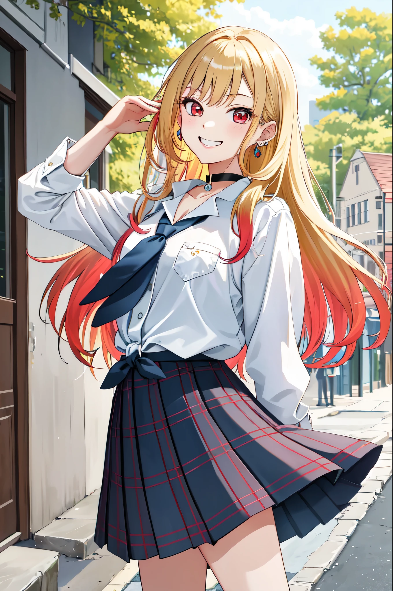 masterpiece, best quality, highres, kitagawa marin, 1girl, blonde hair, long hair, multicolored hair, red eyes, jewelry, earrings, piercing, , white shirt, tied shirt, black choker, blue necktie, plaid skirt, grin, smile, standing, cowboy shot, outdoors,