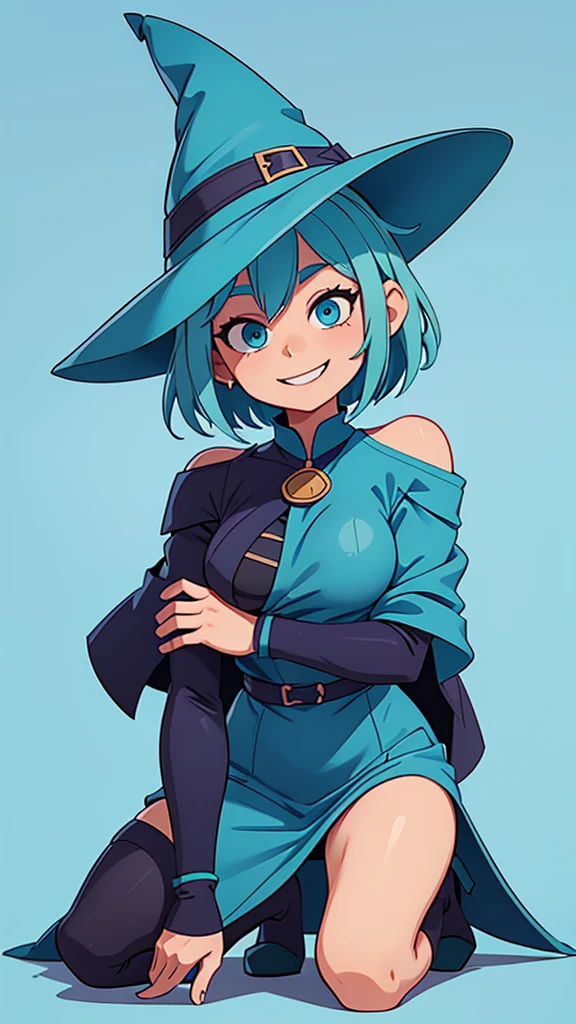  medium breast, Short blue hair. She has blue slanted eyes. Straight hair to the shoulder wearing a large witch hat. Wearing aqua blue laytex outfit with knee high heel, dark castle interior background, smiling, kneeling 
