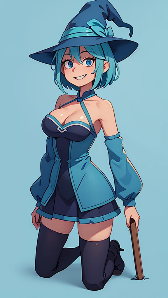medium breast, Short blue hair. She has blue slanted eyes. Straight hair to the shoulder wearing a large witch hat. Wearing aqua blue laytex outfit with knee high heel, dark castle interior background, smiling, kneeling