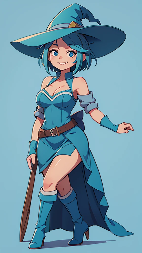  medium breast, Short blue hair. She has blue slanted eyes. Straight hair to the shoulder wearing a large witch hat. Wearing aqua blue laytex outfit with knee high heel, dark castle interior background, smiling, kneeling 