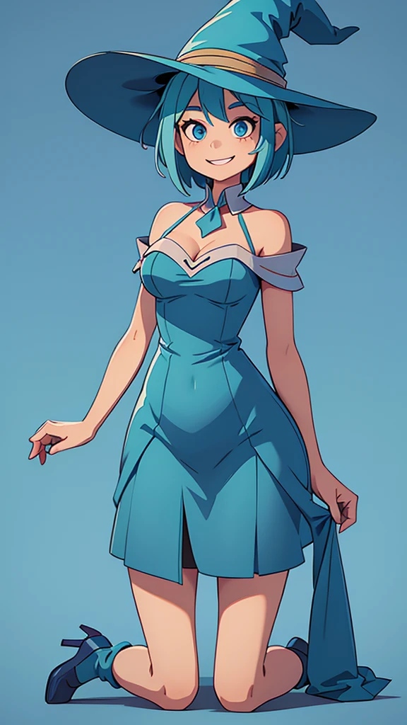 vivid colors, <lora:Konpeto_Style_Dim32:0.8>, , ((masterpiece,best quality)), absurdres, yellow eyes, short aqua blue hair, long pink dress, solo, urban city background, smiling, looking at viewer, cowboy shot,