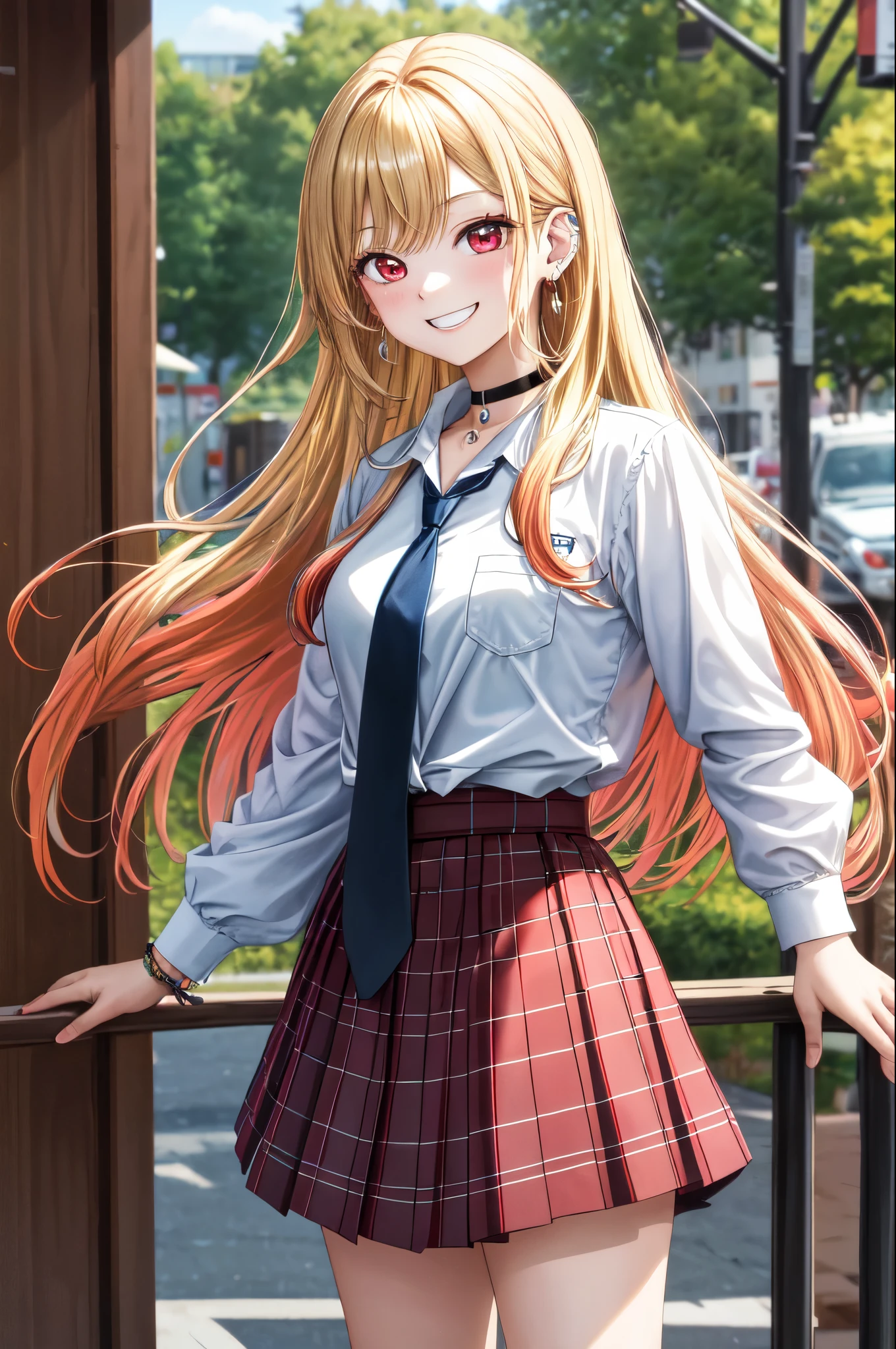 masterpiece, best quality, highres, kitagawa marin, 1girl, blonde hair, long hair, multicolored hair, red eyes, jewelry, earrings, piercing, , white shirt, tied shirt, black choker, blue necktie, plaid skirt, grin, smile, standing, cowboy shot, outdoors,