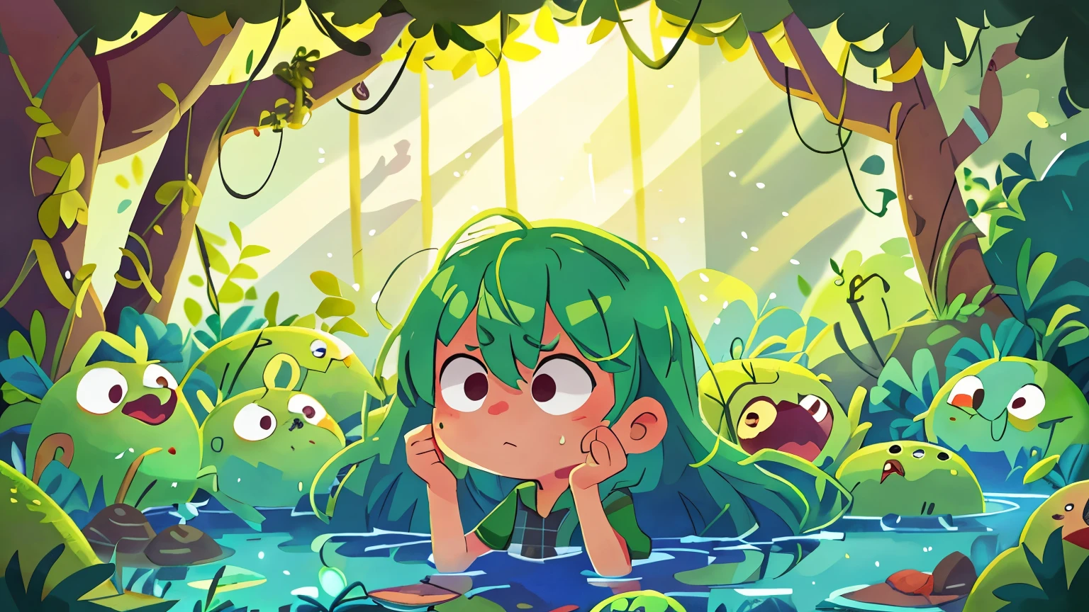 Create an illustration of Disgust in a dark, swampy area filled with murky water and decaying plants. The air is thick with an unpleasant, musty smell, and the ground is covered in slimy, rotting vegetation. Insects buzz around, and the overall atmosphere is one of revulsion and unease. The scene should evoke a strong sense of discomfort and aversion.
