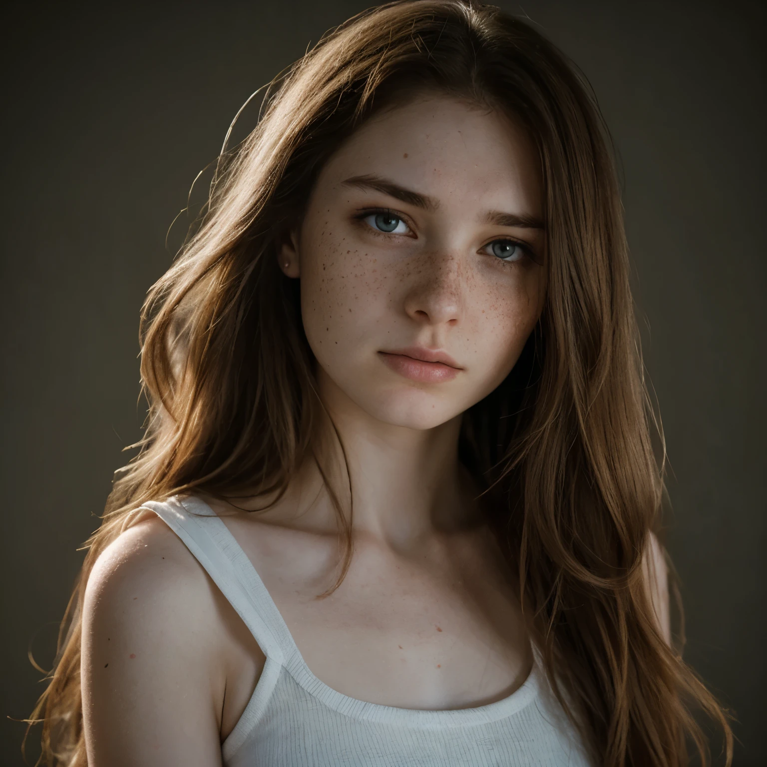 Young brunette woman, long hair, extra pale skin, freckles, dramatic lighting with shadows, crying, upset, in pain 