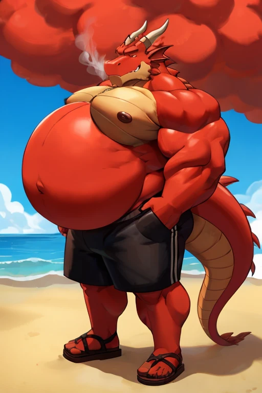 Big buff cartoon red dragon with a oversized inflated beige stomach, high red, black shorts, red back, big bellybutton,sandals,Standing on the beach in a ready to fart position and farting out a huge gas cloud。