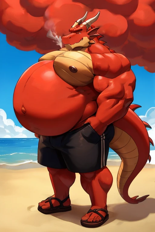 Big buff cartoon red dragon with a oversized inflated beige stomach, high red, black shorts, red back, big bellybutton，sandals，Standing on the beach in a ready to fart position and farting out a huge gas cloud。