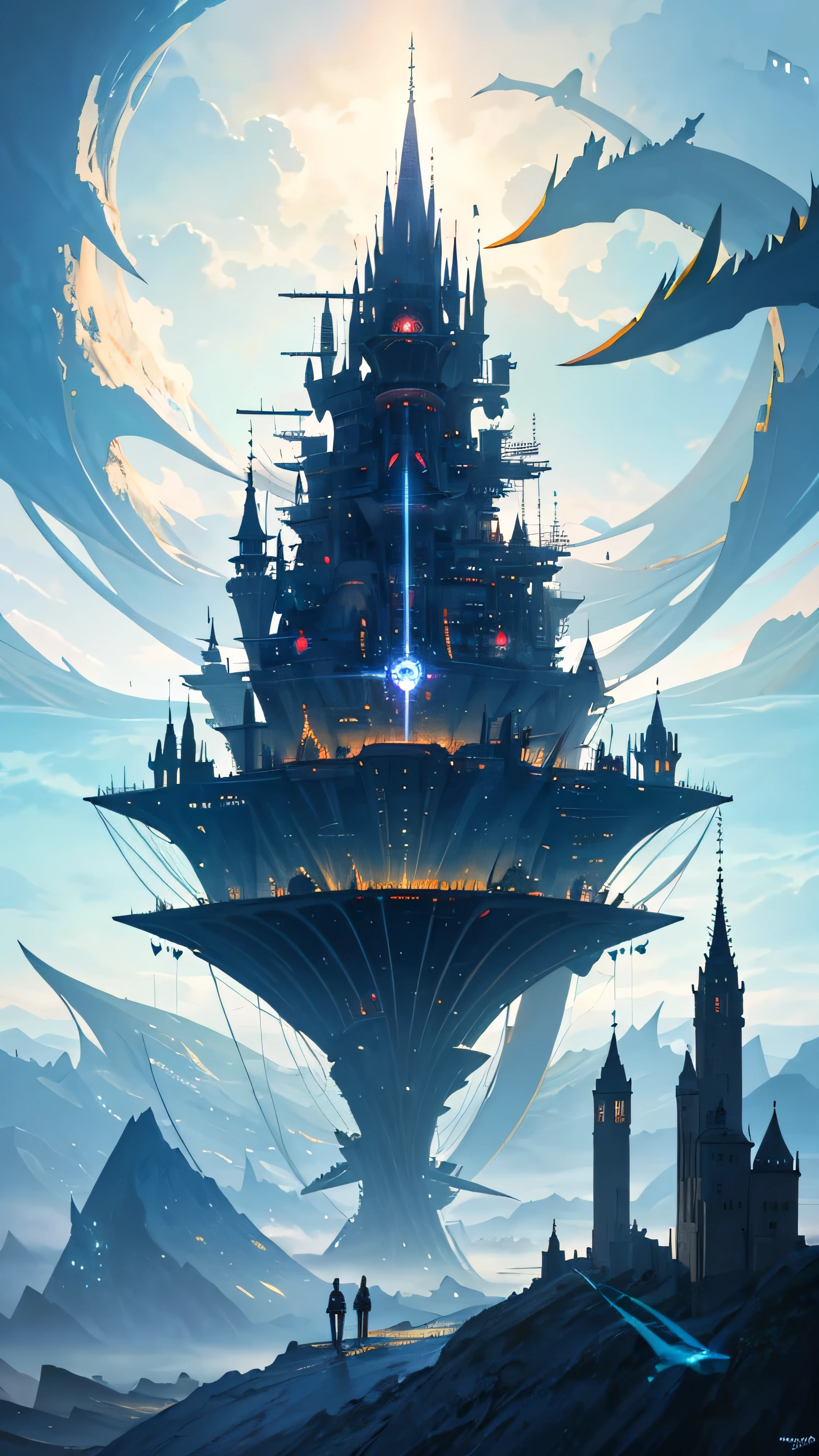 Stunning floating island, futuristic and sinister, suspended in the air, cities sprawled across its surface, (kawaii) and cute elements intertwined, a villain's hideout in an anime style. Technological advancements and dark humor emanate from its complex, ultra-detailed design. Magical plant growth is seen, adding a whimsical touch to the ominous atmosphere. The realistic light creates a contrast between the blue sky and the dark cityscape, enhancing the epic composition of the art piece. Art Station masterpiece, best quality, ultra HD, 32k. HDR, extreme details, and a complex design are prioritized for a stunning visual experience