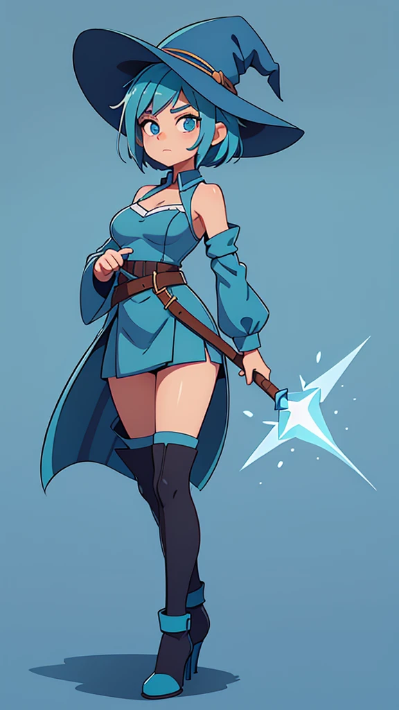 medium breast, Short blue hair. She has blue slanted eyes. Straight hair to the shoulder wearing a large witch hat. Wearing aqua blue laytex outfit with knee high heel, dark castle interior background, upper body portrait