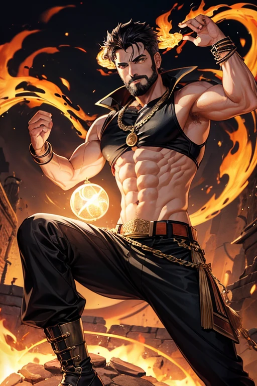 Man, 30 years old, short black and black hair, with black beard, short messy hair, dark brown skin, yellow eyes, djinn clothing, open gold sleeveless vest, black vest with black Arabic print, black Arabic pants, gold belt, djinn bracelet with gems, black boots, brown boots, black phosphorescent tattoos, surrounded by fire and red smoke with magic circles with chains tied to hands and feet surrounded by white chains on a background of arabic ruins. with magic circles and horns with bowls of fire on their heads, slim and muscular build