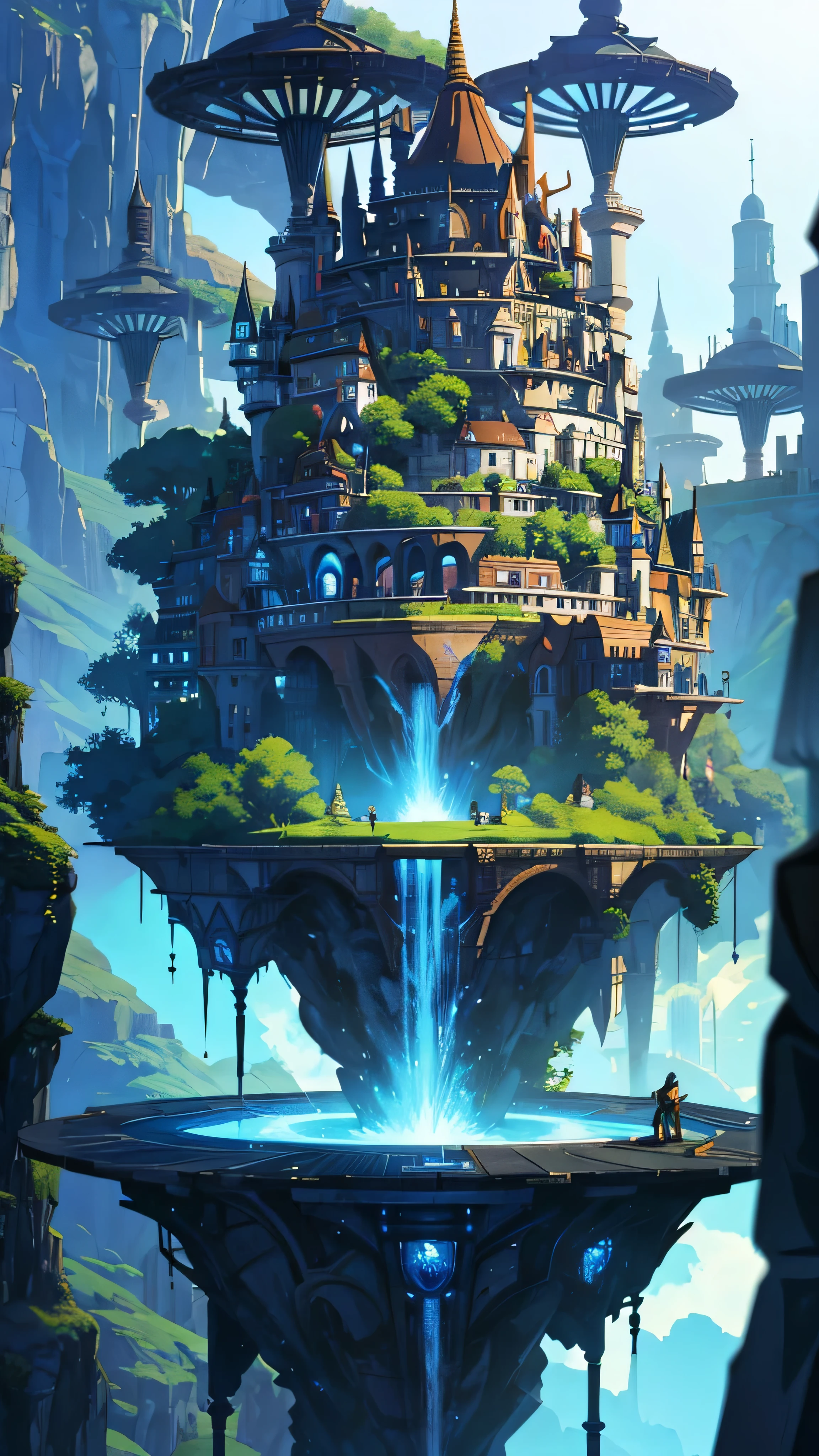 Stunning floating island、Futuristic and ominous、Floating in the air、A city that spreads across its surface、(cute)And cute elements are intertwined、Anime style villain lair。Technological advances and dark humor、Its intricate and highly detailed design gives off。See the magical growth of plants、Adds a whimsical touch to the sinister atmosphere。Realistic lighting creates a contrast between the blue sky and the dark cityscape.、Enhances the magnificent composition of the work。Masterpieces from Art Station、highest quality、Ultra HD、32k。 HDR、Extreme Detail、Complex designs are a priority、Delivering a stunning visual experience