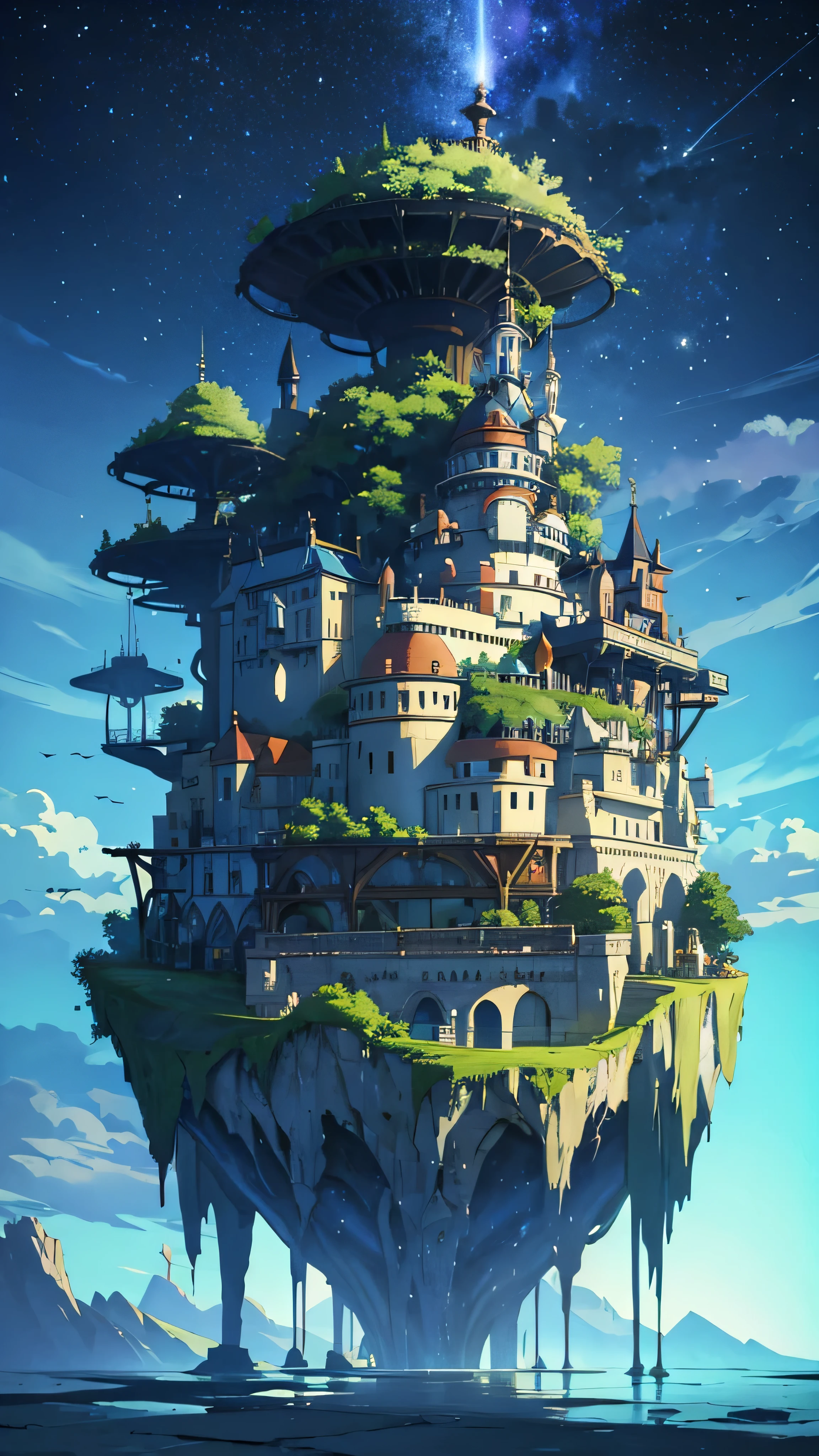 Stunning floating island、Futuristic and ominous、Floating in the air、A city that spreads across its surface、(cute)And cute elements are intertwined、Anime style villain lair。Technological advances and dark humor、Its intricate and highly detailed design gives off。See the magical growth of plants、Adds a whimsical touch to the sinister atmosphere。Realistic lighting creates a contrast between the blue sky and the dark cityscape.、Enhances the magnificent composition of the work。Masterpieces from Art Station、highest quality、Ultra HD、32k。 HDR、Extreme Detail、Complex designs are a priority、Delivering a stunning visual experience