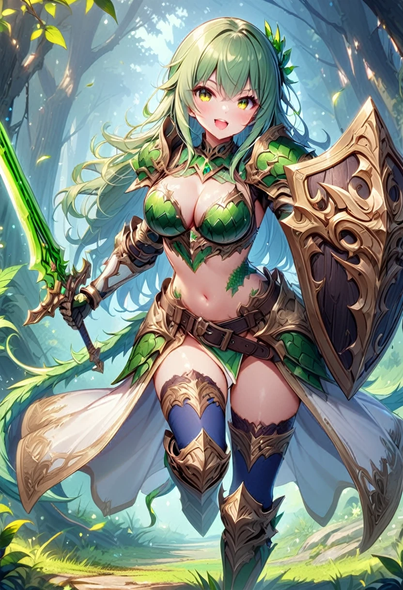 (masutepiece, Best Quality),shield, 1girl, weapon, solo, faux-figurine, holding-shield, long-hair, breasts, sword, green-hair, holding, navel, armor, holding-weapon, open-mouth, large-breasts, grass, looking-at-viewer, full-body, holding-sword, belt, smile, thighhighs, cleavage, shoulder-armor, yellow-eyes, monster-girl, tail, standing, gauntlets, flower, midriff, standing-on-one-leg, bangs, (scales), helmet, bare-shoulders pauldrons, blush, green-tail, bikini-armor, upper-teeth-only, pelvic-curtain, teeth, armored-boots, blue-thighhighs, very-long-hair, black-thighhighs, wavy-hair, knight, ((scaly skin))
