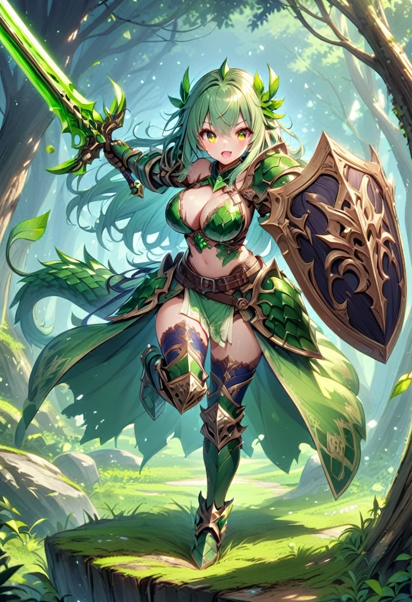 (masutepiece, Best Quality),shield, 1girl, weapon, solo, faux-figurine, holding-shield, long-hair, breasts, sword, green-hair, holding, navel, armor, holding-weapon, open-mouth, large-breasts, grass, looking-at-viewer, full-body, holding-sword, belt, smile, thighhighs, cleavage, shoulder-armor, yellow-eyes, monster-girl, tail, standing, gauntlets, flower, midriff, standing-on-one-leg, bangs, (scales), helmet, bare-shoulders pauldrons, blush, green-tail, bikini-armor, upper-teeth-only, pelvic-curtain, teeth, armored-boots, blue-thighhighs, very-long-hair, black-thighhighs, wavy-hair, knight, ((scaly skin))