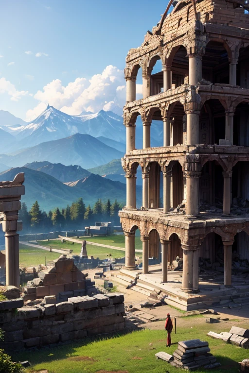 destroyed arabic temple ruins destroyed tower mountain background