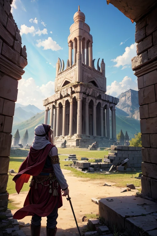 destroyed arabic temple ruins destroyed tower mountain background