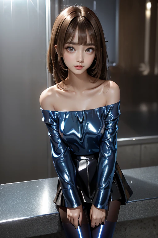 Very beautiful cute girl like an angel,,
Beautiful fine details, 
Fine double eyelids,
(Big eyes:1.4),
Long, straight brown hair, 
See-through bangs,
Sharp focus,Small, straight nose,
Beautiful and exquisite face and eyes, 
Droopy eyes,
(Soft Saturation: 1.3), (Fair skin: 1.2),break  (Ultra-shiny metallic gold tight mini skirt:1),
( Stylish off-the-shoulder long-sleeve top in ultra-shiny metallic blue:1.5) , (Super Gloss Pantyhose:1.4) ,(Clothing with highly reflective surfaces:1.5), walk,
Costume lighting,
On the street ,
(Brown Hair:1.3)