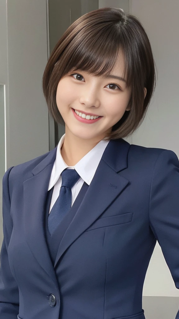 She is wearing a navy blue business suit.She is incredibly cute.She looks young.Her hair is very short.Big Smile