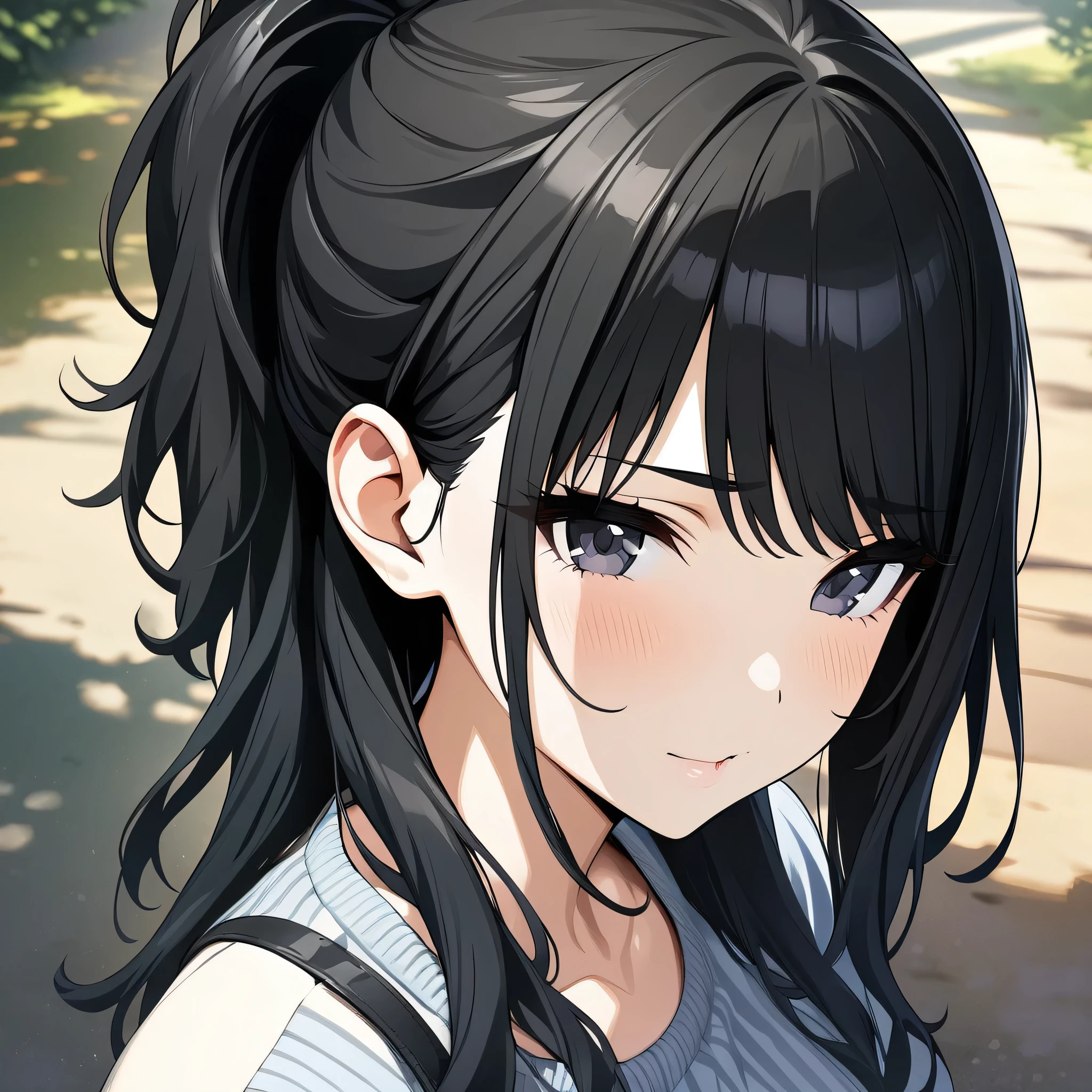 (masterpiece),(best quality),(ultra-detailed),(best illustration),(best shadow),(absurdres),(detailed background),(very aesthetic),hiori kazano, ponytail, black hair, black eyes, portrait, very close-up