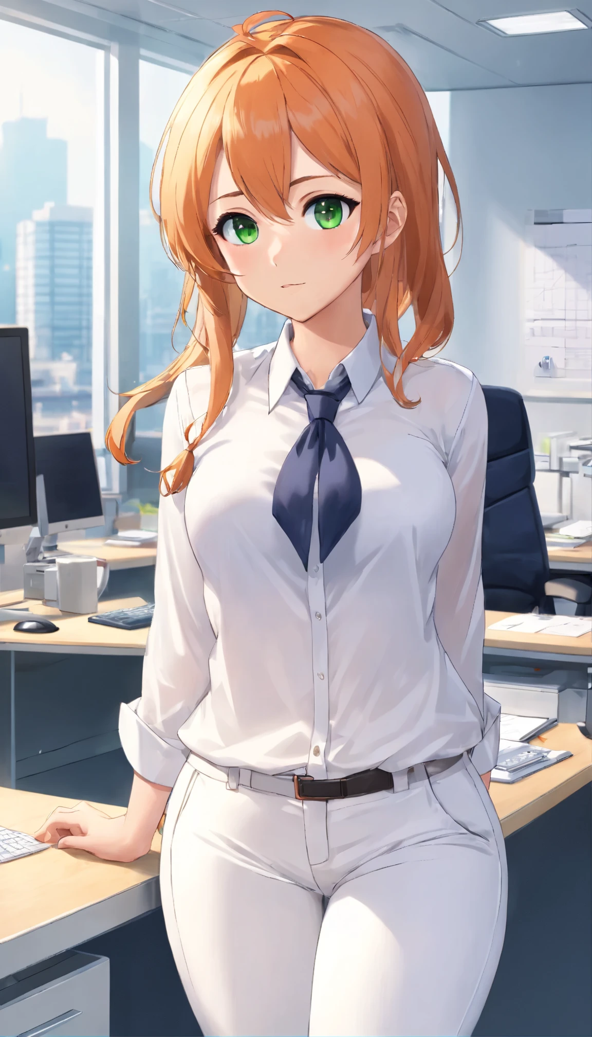(masterpiece, Best quality), 8K, ultra detailed, realistic photo, Detailed face, perfect lighting, green eyes, bright orange hair, bright hair, fox ears, nice legs, side photo, beautiful, Cute, skin pores, 1 girl, stand in the office, hiking, Office pants, perfect shirt, fully dressed, beautiful women 30 years old, Beautiful proportions, Russian woman, Caucasian, European, Business lady, stunningly beautiful woman, mother, thick legs, show ass, big breasts, (Thin white shirt:1.4), thick, hot, (White Office Wear:1.4), tight pants, (wide hips:1.2), thick, (white Office pants:1.3), spread your legs, Legs open, full length, wide hips, Glasses