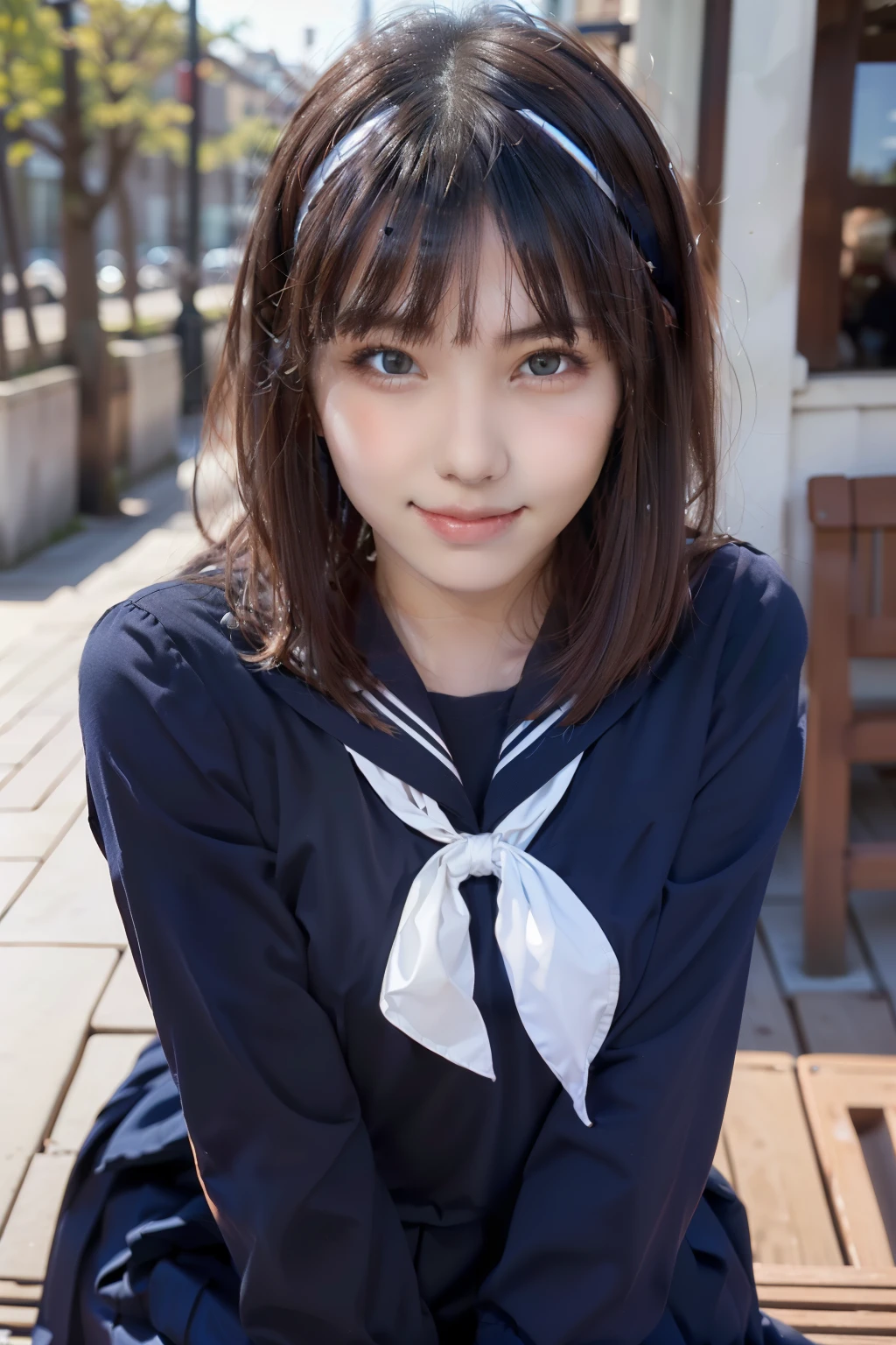 sailor uniform, One Woman, (Beautiful woman, delicate :1.3), Shiny Black Hair, Bobcut, bangs, (8k), (highest quality: 1.2), (Realistic), (Realistic: 1.37), (masterpiece), (Ultra-high resolution), (RAW Photos), (Absolute Resolution), (((face is small compared to body: 1.4))), (((Small face:１.4))), A balanced face, (Small Mouth: 1.4), ((Slim female body: 1.4)), Black Hair, (((long sleeve Sailor suit))), realistic high school girl, (((White headband))), Small breasts, Slanted Eyes, Bright Blue Eyes, (Cafe on the open terrace), Open your mouth, smile, Blurred, full body, Three white lines on the collar of a sailor uniform, Butt sticking out pose, 