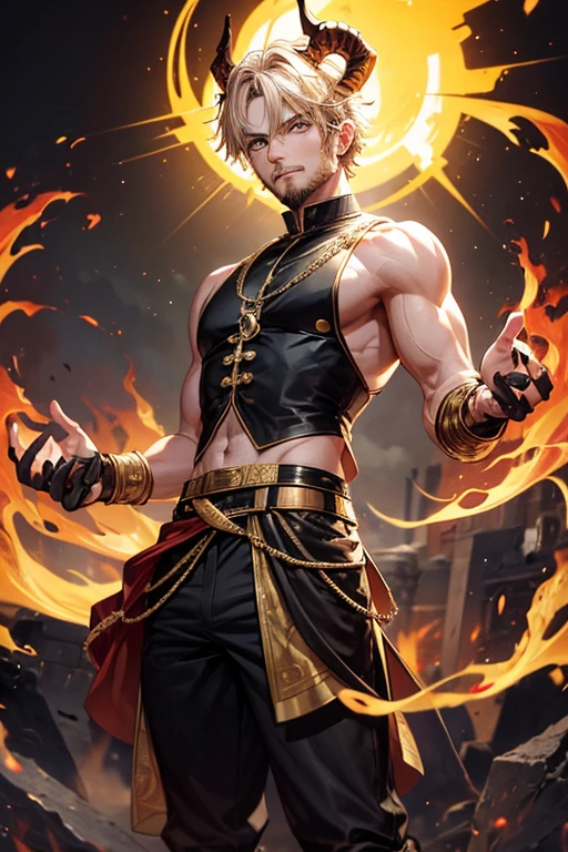 30 year old man, short hair with red beard, short messy hair, red eyes, djinn clothing, open black sleeveless vest, black vest with gold Arabic print, light black Arabic pants, gold belt, djinn bracelet with gems, boots black, brown boots, phosphorescent red tattoos, surrounded by fire and purple smoke with magic circles with chains tied to the hands and feet surrounded by white chains on a background of Arab ruins. with magic circles and a crown of fire on his head, stocky, slim build
