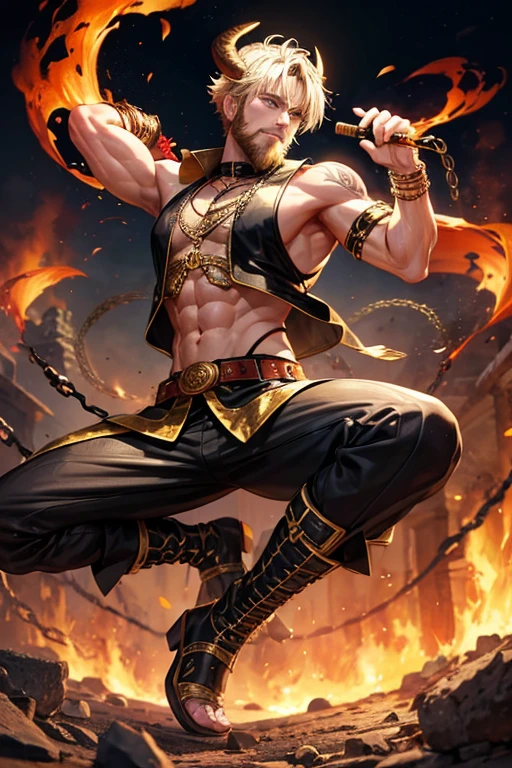 Man, 30 years old, short blonde hair with blonde beard, short messy hair, yellow eyes, djinn clothing, open gold sleeveless vest, black vest with black Arabic print, black Arabic pants, gold belt, djinn bracelet with gems, black boots , brown boots, black phosphorescent tattoos, surrounded by fire and red smoke with magic circles with chains tied to hands and feet surrounded by white chains on a background of Arab ruins. with magic circles and a crown of fire on his head, slim and muscular build