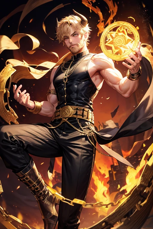 Man, 30 years old, short blonde hair with blonde beard, short messy hair, yellow eyes, djinn clothing, open gold sleeveless vest, black vest with black Arabic print, black Arabic pants, gold belt, djinn bracelet with gems, boots black, brown boots, black phosphorescent tattoos, surrounded by fire and red smoke with magic circles with chains tied to hands and feet surrounded by white chains on a background of Arab ruins. with magic circles and horns with bowls of fire on their heads, slim and muscular build