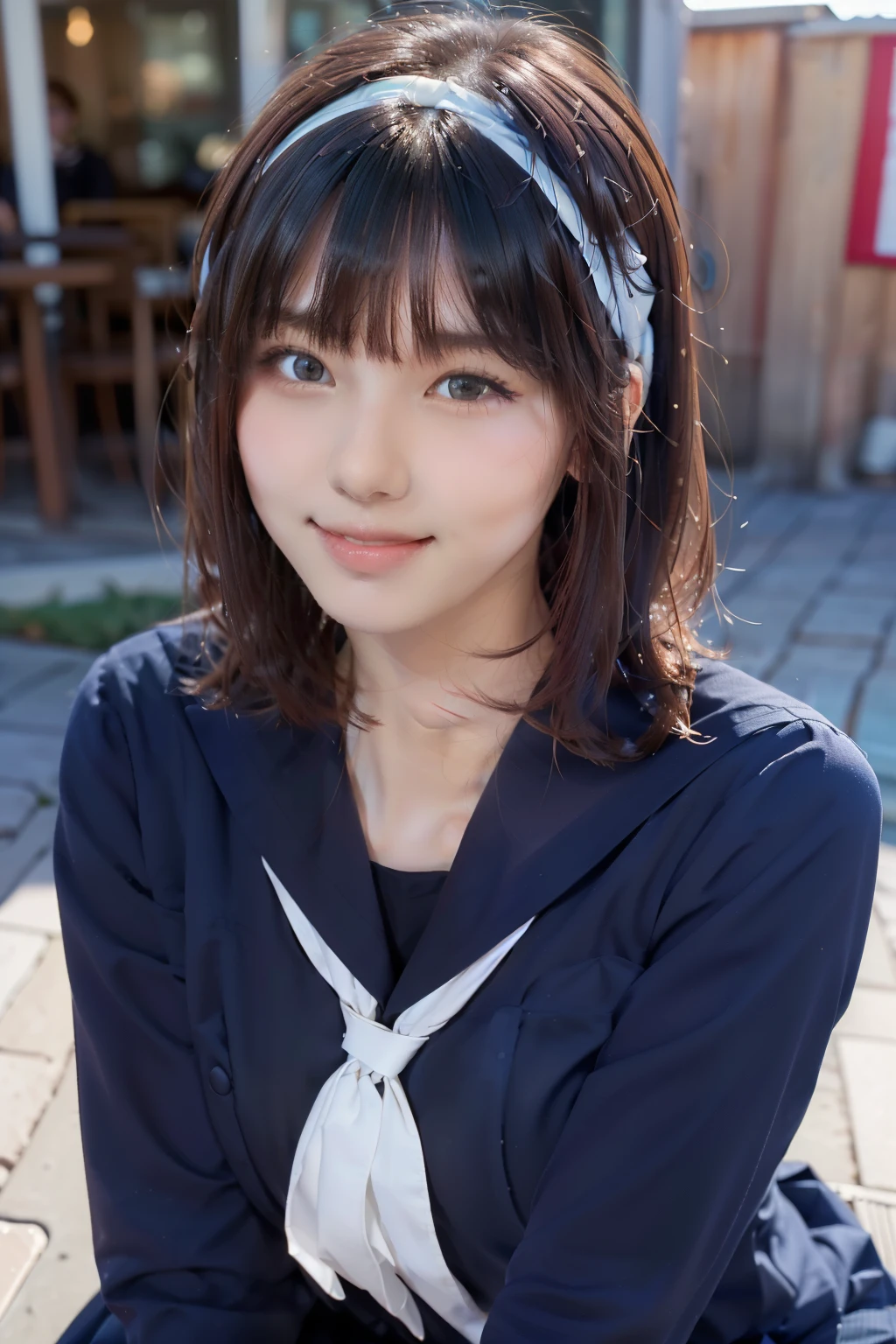 sailor uniform, One Woman, (Beautiful woman, delicate :1.3), Shiny Black Hair, Bobcut, bangs, (8k), (highest quality: 1.2), (Realistic), (Realistic: 1.37), (masterpiece), (Ultra-high resolution), (RAW Photos), (Absolute Resolution), (((face is small compared to body: 1.4))), (((Small face:1.4))), A balanced face, (Small Mouth: 1.4), ((Slim female body: 1.4)), Black Hair, (((long sleeve Sailor suit))), realistic high school girl, (((White headband))), Small breasts, Slanted Eyes, Bright Blue Eyes, (Cafe on the open terrace), Open your mouth, smile, Blurred, full body, Three white lines on the collar of a sailor uniform, Butt sticking out pose,