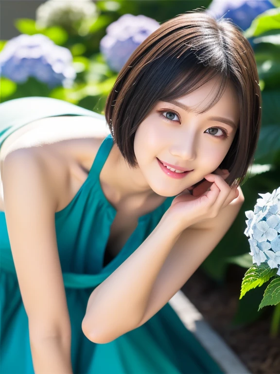(squat)、(highest quality:1.5)、(Realistic:1.5)、(1 person:1.5)、(Very detailed)、(High resolution)、8k、(Wear a one-piece dress with lace)、(Small breasts)、Natural color lips、Cute Smile、20-year-old girl、(Beautiful and elaborate face)、(Perfect and beautiful face)、(Big eyes)、(Beautiful and elaborate face)、(Beautiful, balanced eyes)、Beautiful double eyelids、Perfect and beautiful face、Arched thin eyebrows、Slim face、(Slim figure)、Beautiful and thin nose、 Beautiful Skin、(Medium Bob Hair)、Natural Bangs、Fair skin、Front lighting、(Lighting the face)、Deep blue eyes、Slim waistline、(lim and beautiful legs、hydrangea、garden、