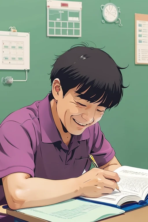 A 53-year-old Japanese man with short hair、The students seem to enjoy studying for the qualification exam.、Please draw an illustration with a comical anime feel.。Please cut your hair in a crew cut。