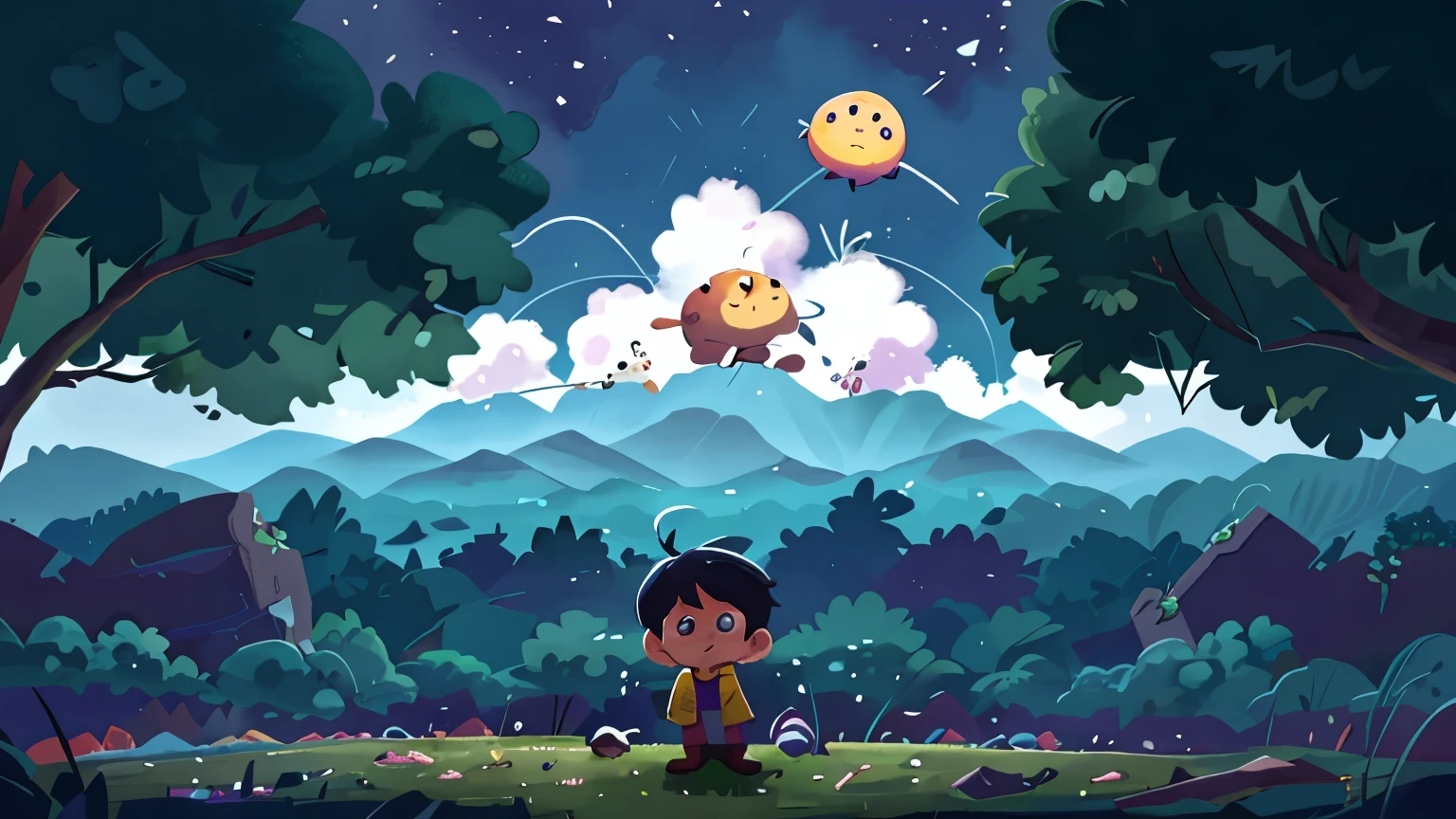 Disappearance of Primary Emotions and the Cloud of Forgetfulness
Illustrate Helio observing the disappearance of the primary emotions. Show a mysterious Cloud of Forgetfulness, a dark, nebulous entity draining the planet's emotional vitality. The environment should reflect a sense of loss and imbalance. A dark sky