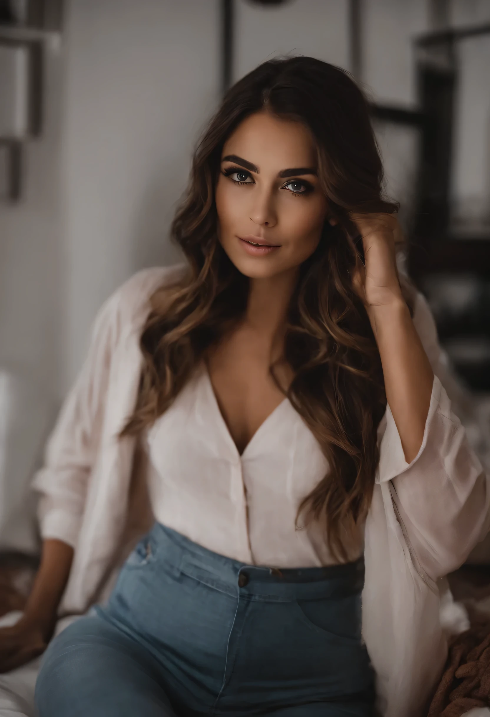 Mulher Arafed com blusa e calcinha combinando, garota sexy com olhos castanhos, Retrato de Sophie Mudd, cabelos castanhos e olhos grandes, Selfie de uma jovem, Olhos do quarto, Violeta Myers, sem maquiagem, maquiagem natural, looking directly at the camera, Cara com Artgram, Maquiagem sutil, Impressionante foto de corpo inteiro, no quarto, pendency