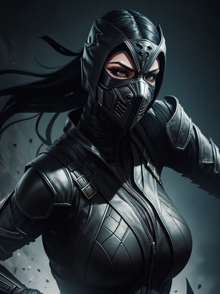 A superhero woman with black makeup on her eyelids, wearing a leather armored suit and wearing a mask over her face (Mortal Kombat style)