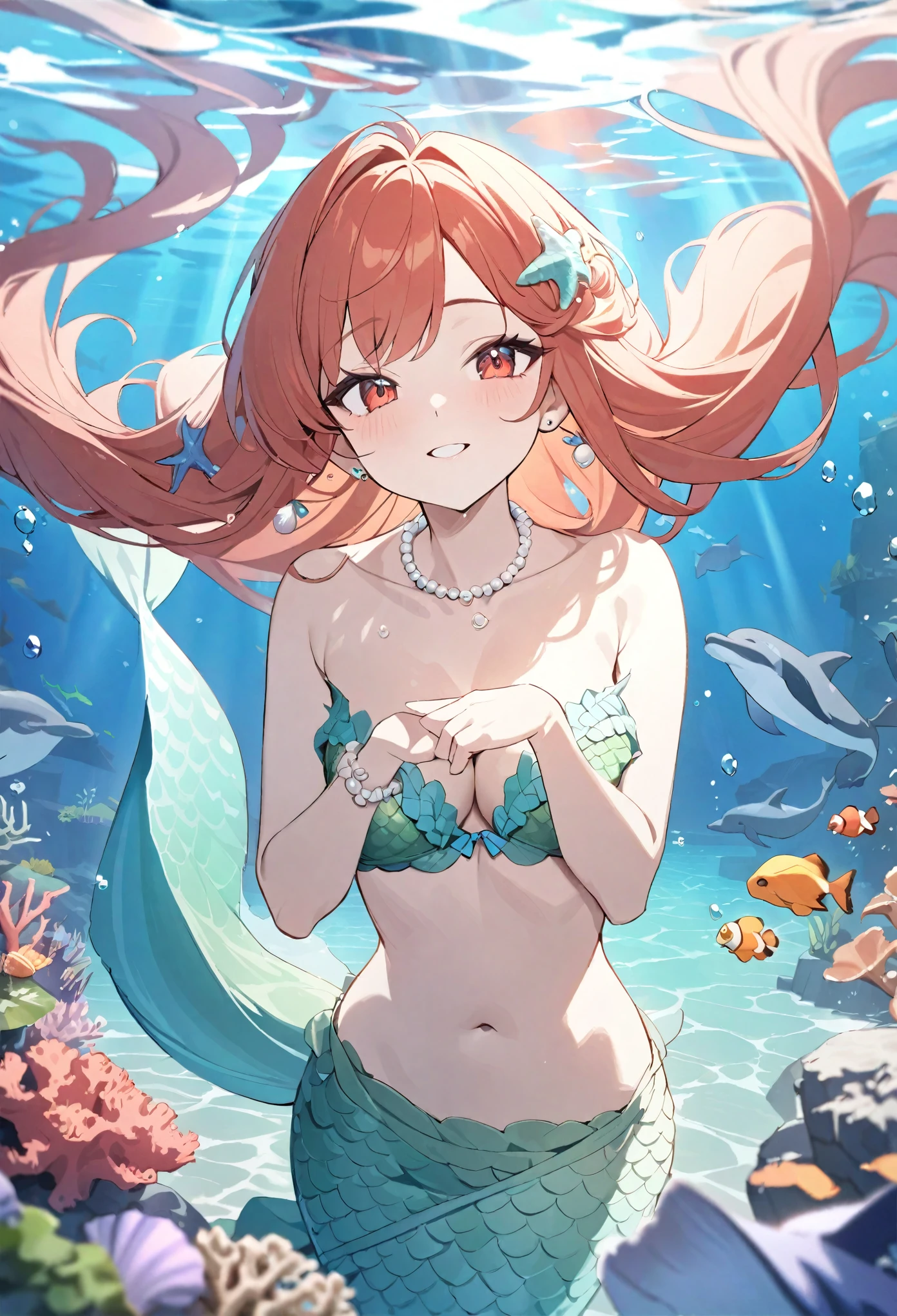 (best quality,4k,8k,highres,masterpiece:1.2),ultra-detailed,age girl,fantasy transformation,red-eyed,beautiful detailed eyes,long ginger hair,happiness,cute mermaid, green mermaid tail,seashell bra,pair of fish gills on her torso, starfish hair clips, pearl hair ornaments, pearl earrings and bracelets, pearl necklace, checking her new body,shimmering scales,underwater world,colorful coral reef,magical underwater lighting,vivid colors,breathing underwater,endless ocean depths,sunlight filtering through the water,joyful expression,playful mermaid poses,floating gracefully,serene and peaceful environment,sparkling water,water reflections,ethereal atmosphere,subtle glow,whimsical and enchanting,mythical creatures,curious marine life,seahorses,dolphins,seaweed,seashells,blissful transformation,fantastical ocean adventure,beauty of the ocean depths