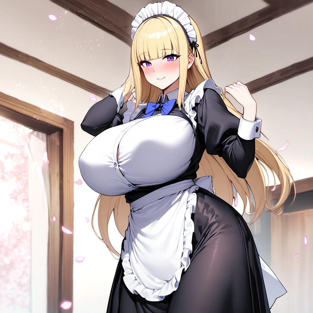 (masterpiece, highest quality, Absurd), One Woman,mature,Mature,Age 25,blonde Hair, semi Straight long hair, Blunt bangs, Big Breasts, Tight waist, Purple eyes, petal, Blue tanned skin, indoor, Maid, Black Long Skirt, Maid headdress, Maid apron, Cowboy Shot, blush, A light smile, Tilt your head, bow