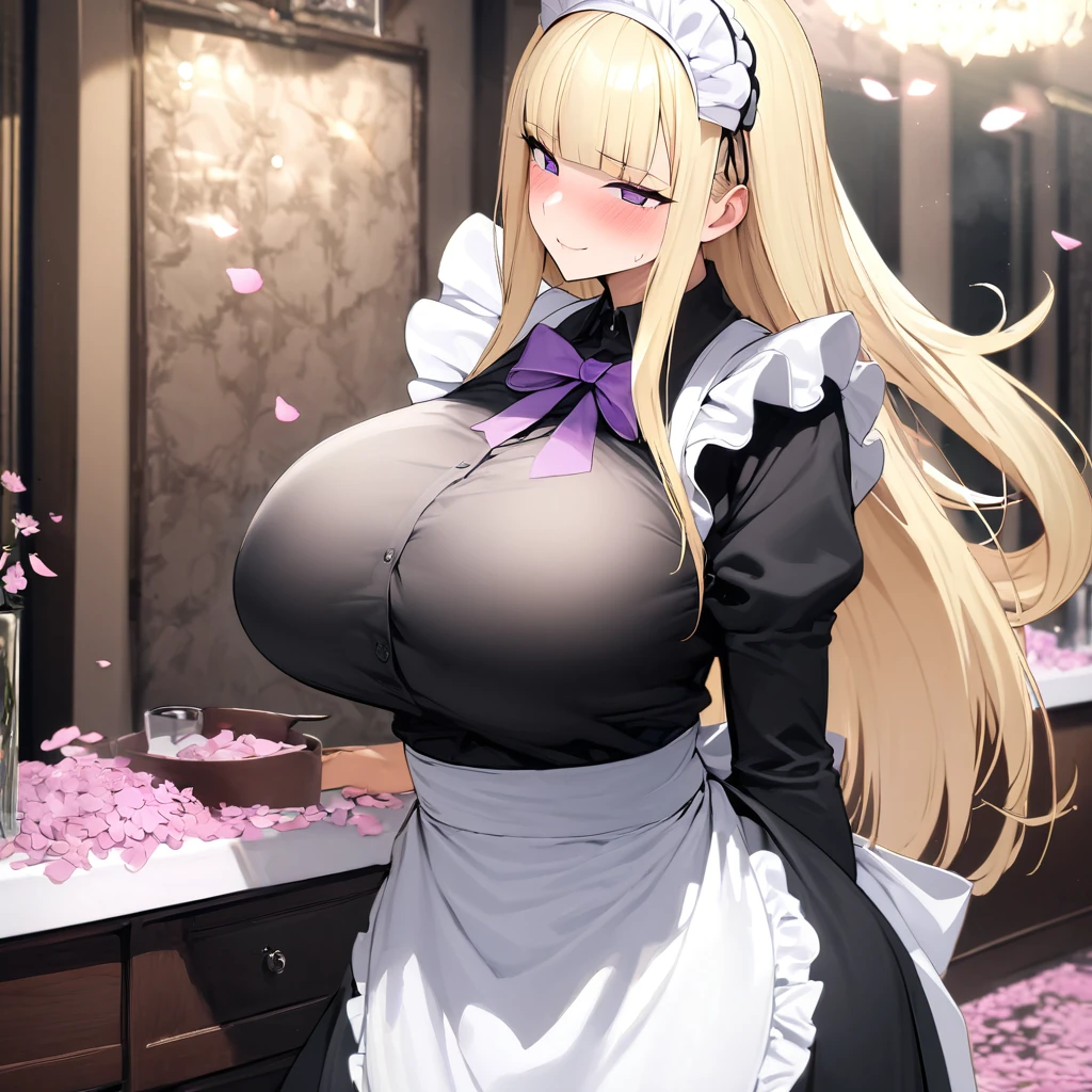 (masterpiece, highest quality, Absurd), One Woman,mature,Mature,Age 25,blonde Hair, semi Straight long hair, Blunt bangs, Big Breasts, Tight waist, Purple eyes, petal, Blue tanned skin, indoor, Maid, Black Long Skirt, Maid headdress, Maid apron, Cowboy Shot, blush, A light smile, Tilt your head, bow