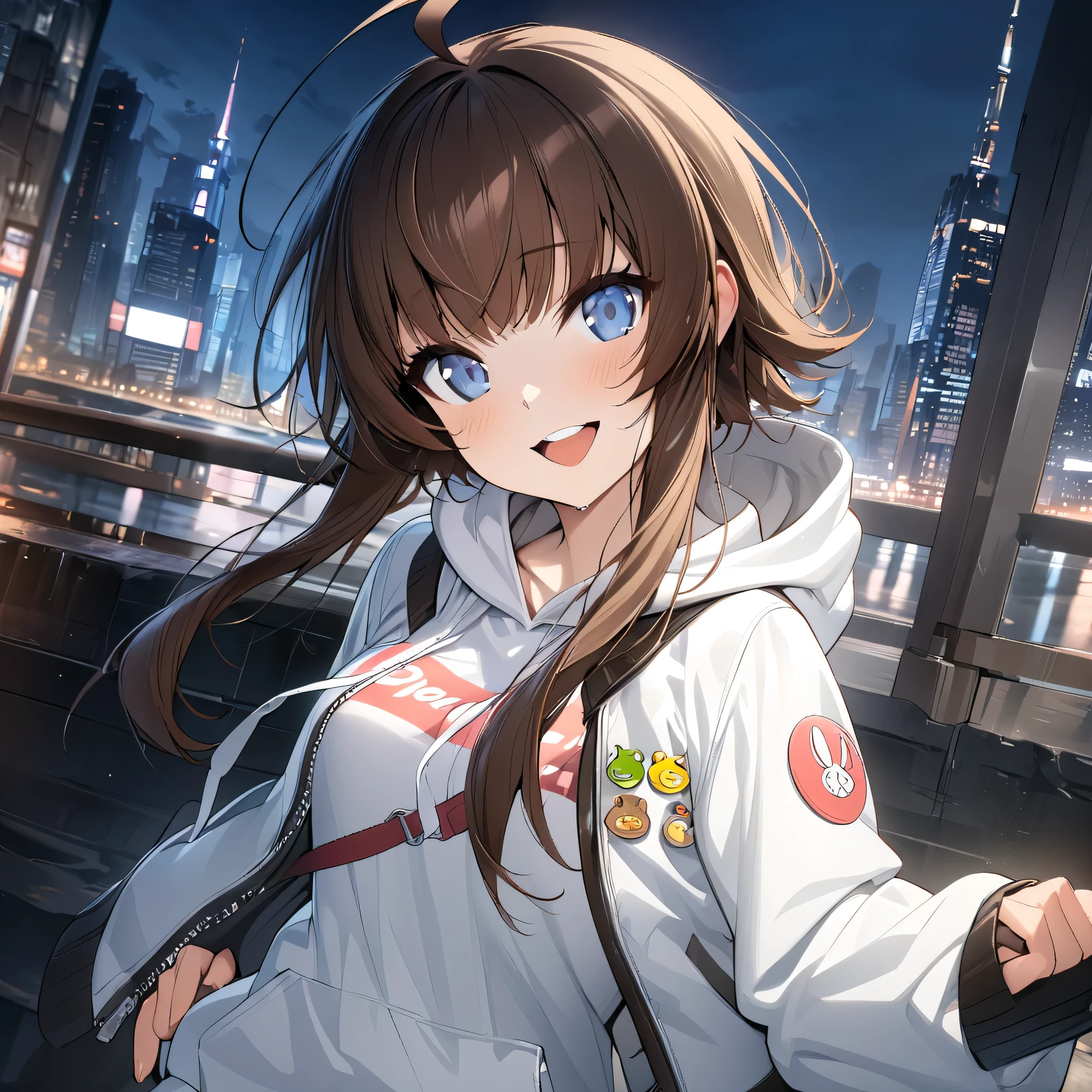 (masterpiece),(best quality),(ultra-detailed),(best illustration),(best shadow),(absurdres),(detailed background),(very aesthetic), yang harim, hood, solo, 1girl, hood down, blue eyes, ahoge, brown hair, white jacket, sleeves past wrists, jacket, white hoodie, long sleeves, upper teeth only, open mouth, night city background, defaultoutfit, smile, looking at viewer, close-up, portrait, hands on waist, proud,