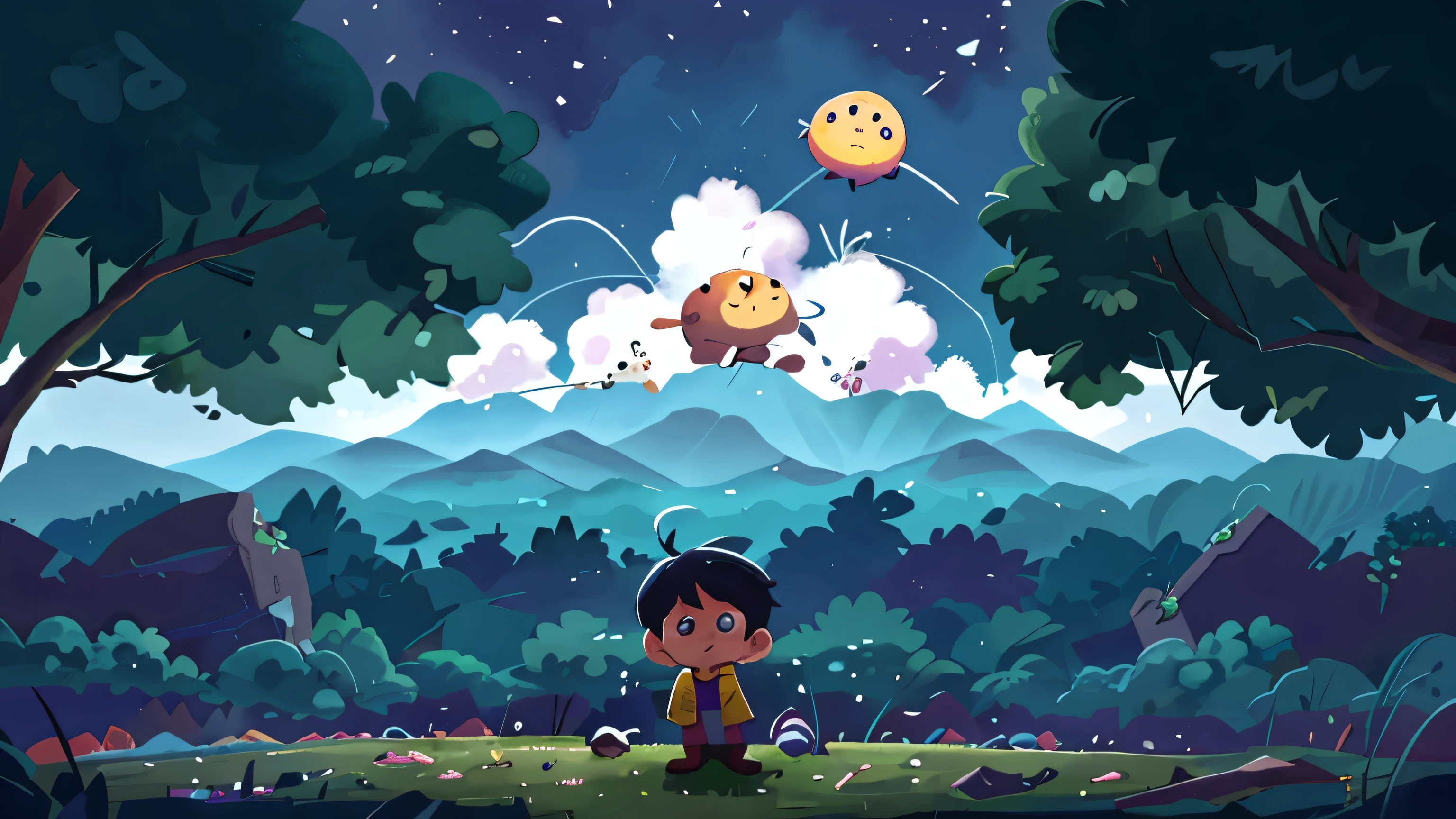 Disappearance of Primary Emotions and the Cloud of Forgetfulness
Illustrate Helio observing the disappearance of the primary emotions. Show a mysterious Cloud of Forgetfulness, a dark, nebulous entity draining the planet's emotional vitality. The environment should reflect a sense of loss and imbalance. A dark sky