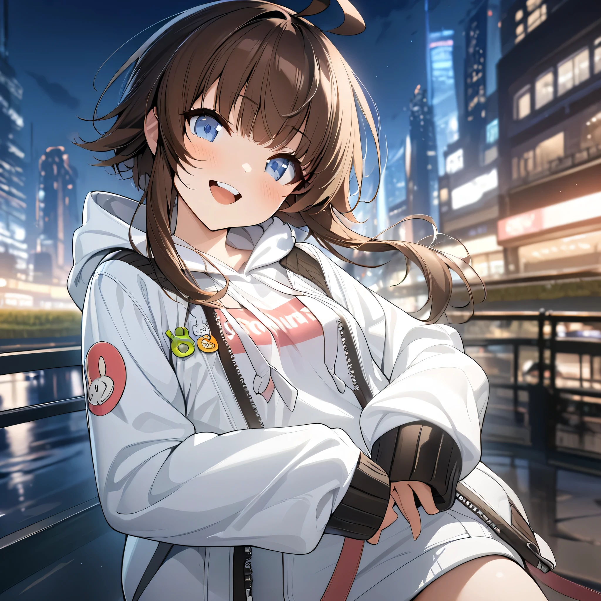 (masterpiece),(best quality),(ultra-detailed),(best illustration),(best shadow),(absurdres),(detailed background),(very aesthetic), yang harim, hood, solo, 1girl, hood down, blue eyes, ahoge, brown hair, white jacket, sleeves past wrists, jacket, white hoodie, long sleeves, upper teeth only, open mouth, night city background, defaultoutfit, smile, looking at viewer, close-up, portrait, hands on waist, proud,