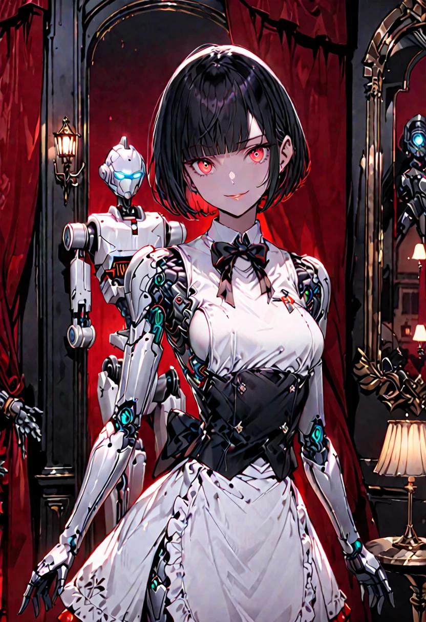 solo, female, sfw, medium shot, lithe, small breasts, bob cut hair, robot butler, elegant, mansion, gentle smile, maid, robot joints, white robot hands, black hair, cybernetic eyes, lamp, warm, red curtain, white vest, bow tie