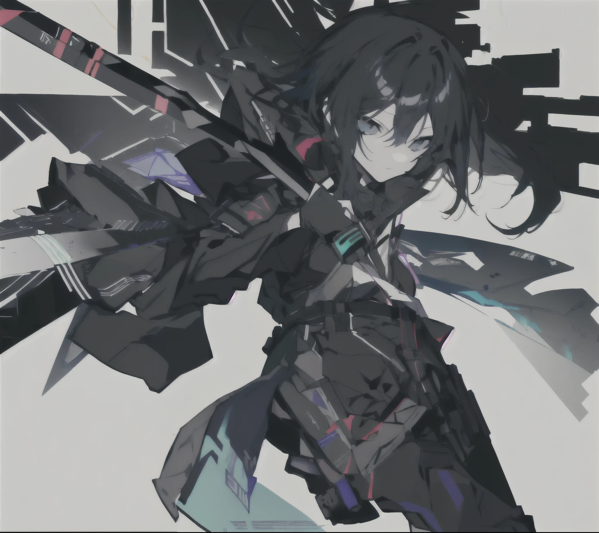 anime girl with long black hair and a sword in her hand, from arknights, badass anime 8 k, zerochan art, shigenori soejima illustration, black - haired mage, female action anime girl, fus rei, anime moe artstyle, arknights, by Jin Homura, gapmoe yandere grimdark, by Kamagurka, by Yang J, color scheme blue, simplistic, modern, y2k, anime idol with short black hair, (dynamic pose), techwear, angelical background, dark night, cloudy night, black eyes, clear sky