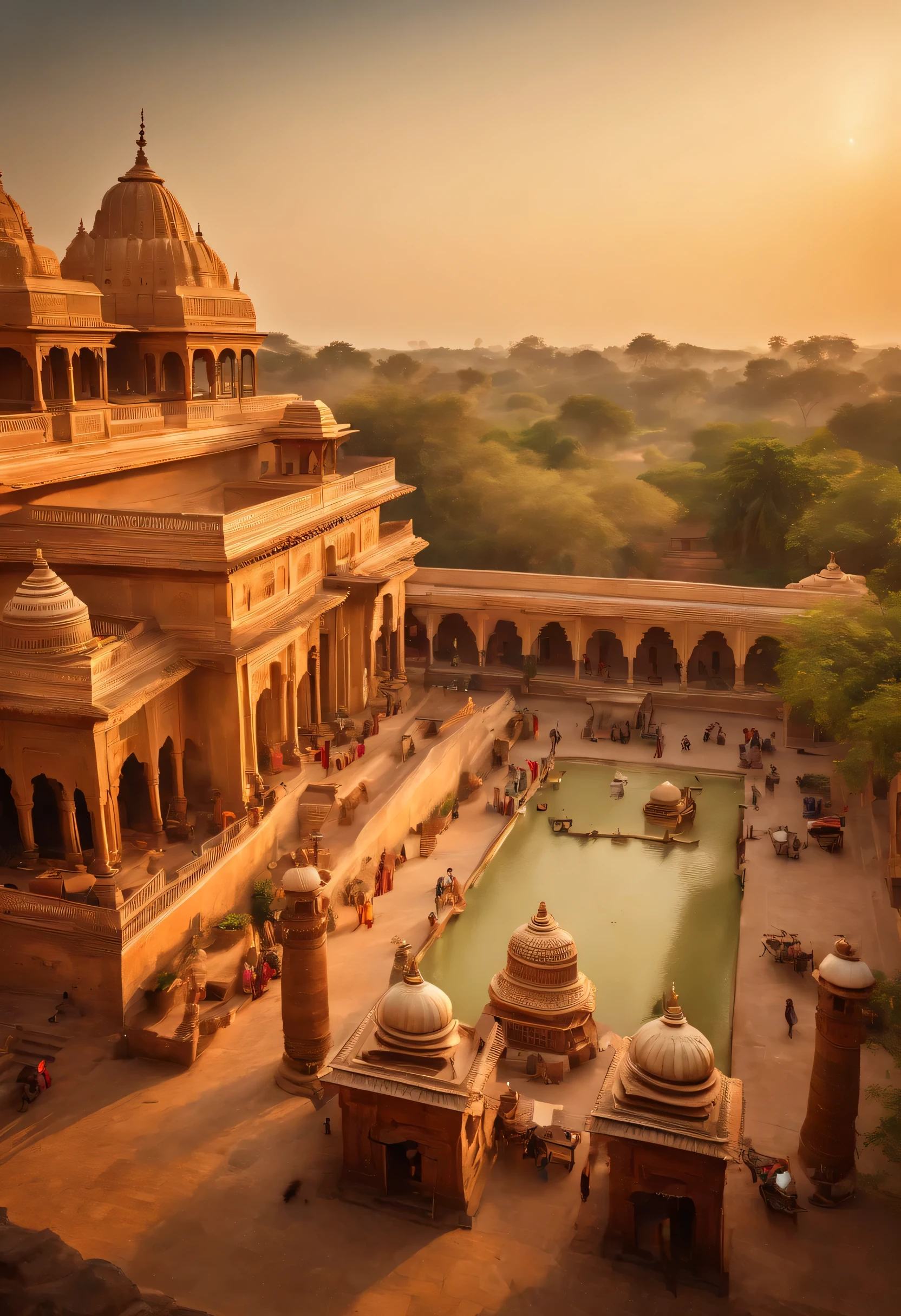 (best quality,4k,8k,highres,masterpiece:1.2), ultra-detailed, (realistic,photorealistic,photo-realistic:1.37), India old empire aerial view, far view, ancient architecture, grand and majestic palaces, intricate carvings, vibrant colors, bustling activity, bustling markets, crowded streets, traditional attire, elephants and horses, elaborate gardens, beautiful fountains, vast landscapes, rich heritage, timeless beauty, golden sunsets, warm and soft lighting, historical charm, exquisite details