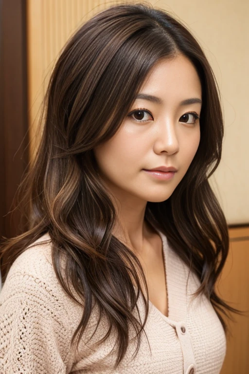 Japanese women、40 years old、Medium-haired brown hair、Wavy Hair、Close-up