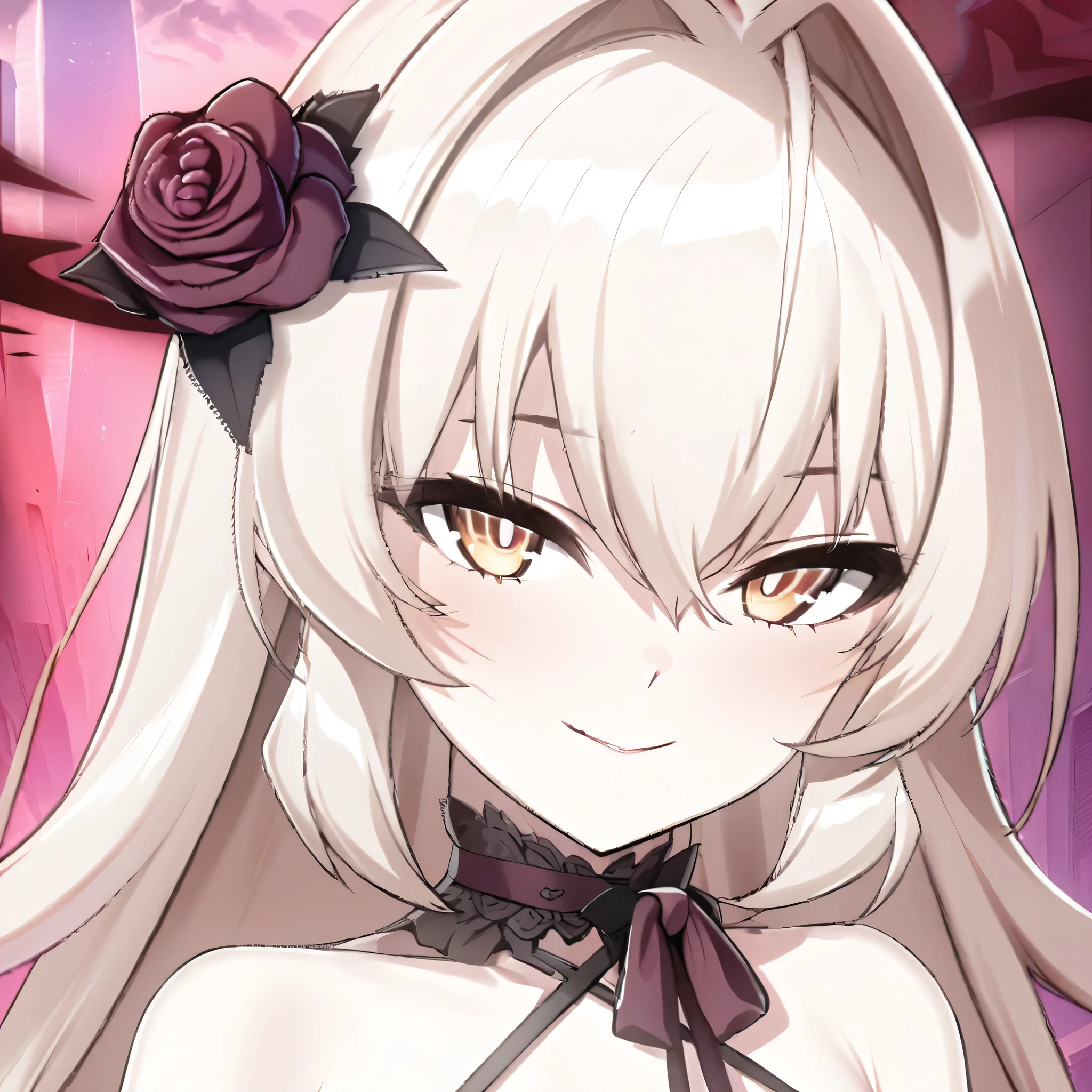 (masterpiece),(best quality),(ultra-detailed),(best illustration),(best shadow),(absurdres),(detailed background),(very aesthetic), eve meitner, long hair, hair ornament, flower, hair flower, bare shoulders, yellow eyes, bangs, black dress, seductive smile, very close-up, portrait, 