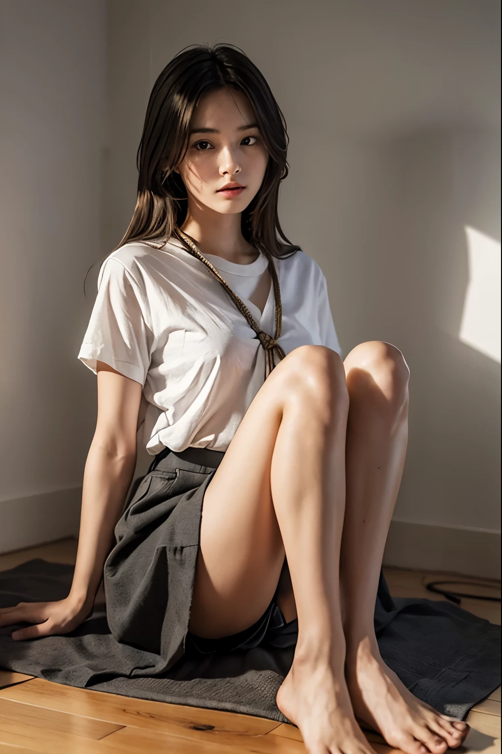 beautiful young woman tied up, detailed face, symmetrical eyes, hands bound by ropes, feet together, bright interior, short sleeve shirt, miniskirt, white panties visible, sitting, 20 years old, medium build, photorealistic, (best quality,4k,8k,highres,masterpiece:1.2),ultra-detailed,(realistic,photorealistic,photo-realistic:1.37),studio lighting,vivid colors,professional
