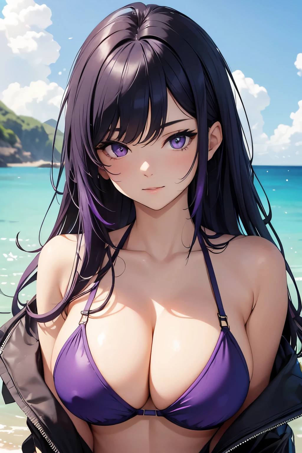 Masterpiece, best quality, Beautiful girl, black hair with purple tips, blue swimsuit, big breasts, cleavage pushed together, sexy.