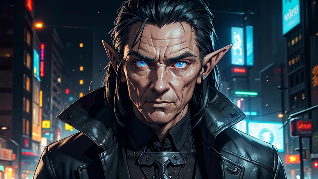 A highly detailed and intricate portrait of a male elf, elderly, elderly, set in the Shadowrun cyberpunk universe, intricate detailed face, friendly eyes, blue eyes, pointed ears, weathered skin, long black hair, three-piece suit, cityscape background, neon lights, moody lighting, photorealistic, cinematic, 8k